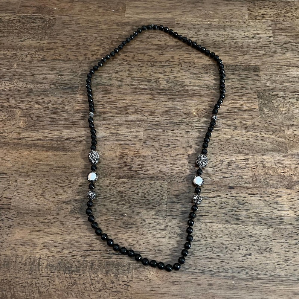 Natasha long black‎ and silver beaded necklace